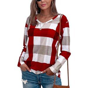 New SUVIMUGA Red Plaid Long Sleeve V Neck Tunic Top M